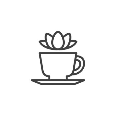 Çay Meditasyon çizgisi simgesi. Mobil konsept ve web tasarımı için doğrusal biçim işareti. Nilüfer çiçeği çizgili bir çay fincanı vektör ikonu. Sembol, logo çizimi. Vektör grafikleri