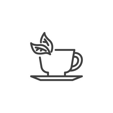 Siyah çay kupası çizgisi simgesi. Mobil konsept ve web tasarımı için doğrusal biçim işareti. Bitkisel çay fincanı yaprağı vektör ikonunun ana hatları. Sembol, logo çizimi. Vektör grafikleri