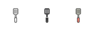 Mutfak spatulası farklı stil simgesi seti. Çizgi, kabartma ve doldurulmuş renkli versiyon, ana hatlar ve doldurulmuş vektör işareti. Sembol, logo çizimi. Vektör grafikleri
