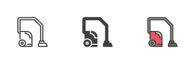 Elektrik süpürgesi farklı stil simgesi seti. Çizgi, kabartma ve doldurulmuş renkli versiyon, ana hatlar ve doldurulmuş vektör işareti. Sembol, logo çizimi. Vektör grafikleri