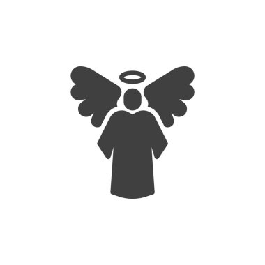 Kanat vektör ikonu olan kutsal melek. Mobil konsept ve web tasarımı için düz tabela. Halo sembollü bir melek. Sembol, logo çizimi. Vektör grafikleri