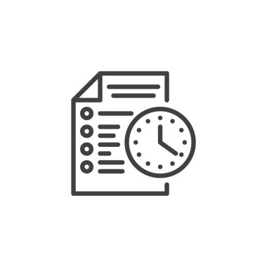 Zaman Yönetimi çizgi simgesi. Mobil konsept ve web tasarımı için doğrusal biçim işareti. Kontrol listesi ana hatları vektör simgesi olan bir saat. Görevleri etkin bir şekilde sembolize etmek, logo illüstrasyonu. Vektör grafikleri