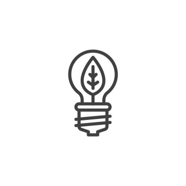 Enerji Verimliliği çizgisi simgesi. Mobil konsept ve web tasarımı için doğrusal biçim işareti. Taslak vektör simgesinin içinde yaprak olan ampul. Sürdürülebilir güç kullanımı sembolü, logo çizimi. Vektör grafikleri