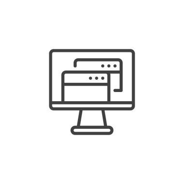 Dijital İşyeri çizgi simgesi. Mobil konsept ve web tasarımı için doğrusal biçim işareti. Çoklu uygulama pencereli bir monitör vektör simgesi. Sembol, logo çizimi. Vektör grafikleri