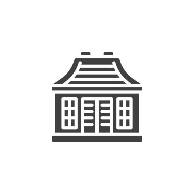 Geleneksel ahşap çay evi vektör ikonu. Mobil konsept ve web tasarımı için düz tabela. Tea House sembolü. Sembol, logo çizimi. Vektör grafikleri