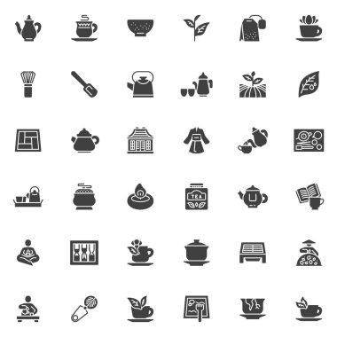 Çay seremonisi vektör simgeleri seti, modern katı sembol koleksiyonu, doldurulmuş resim paketi. İşaretler, logo illüstrasyonu. Set simgeleri: Teapot, Matcha Bowl, Herbal Tea Leaves, Japon Kettle