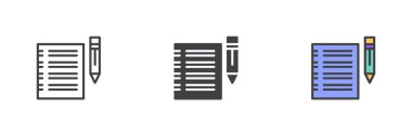 Yatay çizgileri ve farklı kalem stili simgesi olan belge kağıdı. Çizgi, kabartma ve doldurulmuş renkli versiyon, ana hatlar ve doldurulmuş vektör işareti. Yazma sembolü, logo illüstrasyonu