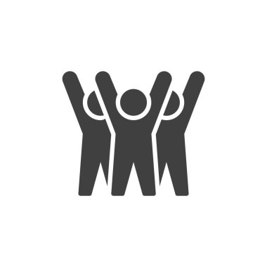 Yükseltilmiş kol vektör ikonu olan bir grup insan. Mobil konsept ve web tasarımı için düz tabela. Çalışanların nişan sembolü simgesi. Takım çalışması sembolü ile verimlilik, logo illüstrasyonu