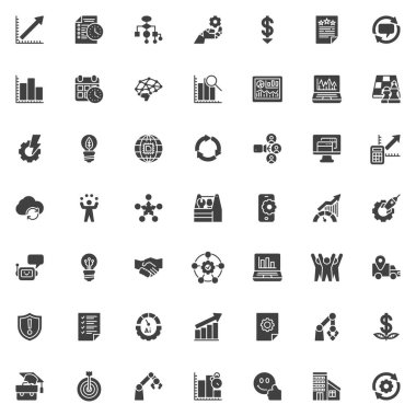 Üretkenlik ve verimlilik vektör simgeleri seti, modern katı sembol koleksiyonu, doldurulmuş biçim piktogram paketi. İşaretler, logo illüstrasyonu. Üretkenlik artışı, yönetim, Ai otomasyonu olarak simgeleri içerir