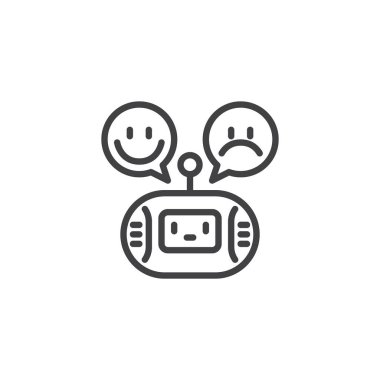 Duygusal Analiz Çizgisi simgesi. Mobil konsept ve web tasarımı için doğrusal biçim işareti. Chatbot, mutlu ve üzgün yüzleri analiz ediyor ve vektör ikonunu çiziyor. Duygu tanıma sembolü, logo çizimi