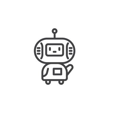 Sanal Resepsiyon çizgisi simgesi. Mobil konsept ve web tasarımı için doğrusal biçim işareti. Robot, vektör ikonunu özetleyen kişiyi selamlıyor. Otomatik resepsiyon asistanı sembolü, logo illüstrasyonu