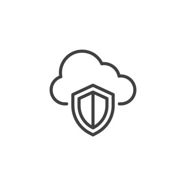 Bulut Güvenlik çizgi simgesi. Mobil konsept ve web tasarımı için doğrusal biçim işareti. Bulut ana hatlı vektör simgesi olan bir kalkan. Veri koruma sembolü, logo çizimi. Vektör grafikleri