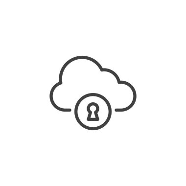 Bulut Şifreleme Çizgisi simgesi. Mobil konsept ve web tasarımı için doğrusal biçim işareti. Bulut ana hatlı vektör simgesinin içindeki bir kilit. Güvenli bulut veri şifreleme sembolü, logo çizimi. Vektör grafikleri