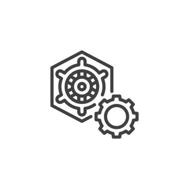 Kubernetes Otomasyon Hattı simgesi. Mobil konsept ve web tasarımı için doğrusal biçim işareti. Vites ana hatlı bir vektör ikonu olan Kubernetes. Sembol, logo çizimi. Vektör grafikleri