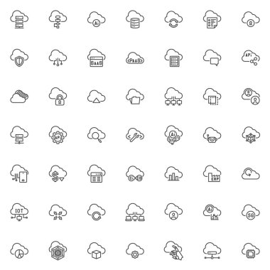 Bulut tabanlı otomasyon çizgisi simgeleri ayarlandı. Doğrusal biçim sembolleri koleksiyonu, ana tabela işaretleri paketi. Robotik Süreç Otomasyon Vektör Grafikleri. Yapay Bulut Hesaplama, SaaS, PaaS, laaS olarak simgeleri küme