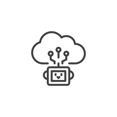 API Bütünleşme Hattı simgesi. Mobil konsept ve web tasarımı için doğrusal biçim işareti. Robot ve bulut çizgisi ikonu arasındaki bağlanmış düğümler. Kusursuz yazılım iletişim sembolü, logo illüstrasyonu