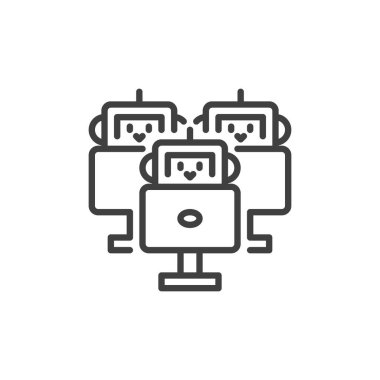 Dijital İşgücü çizgi simgesi. Mobil konsept ve web tasarımı için doğrusal biçim işareti. Bilgisayar ana hatları vektör simgesinde birden fazla robot çalışıyor. Sanal çalışanlar sembolü, logo çizimi. Vektör grafikleri