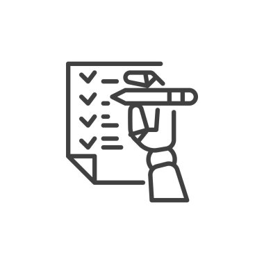 Görev Otomasyon Satırı simgesi. Mobil konsept ve web tasarımı için doğrusal biçim işareti. Görev ana hatlarını işaretleyen robotik kolu olan bir kontrol listesi. El işi sembolü, logo illüstrasyonu değiştiriliyor