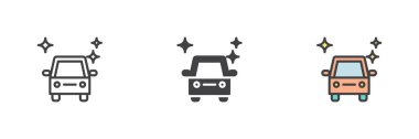 Temiz araba farklı stil ikonu seti. Çizgi, kabartma ve doldurulmuş renkli versiyon, ana hatlar ve doldurulmuş vektör işareti. Sembol, logo çizimi. Vektör grafikleri