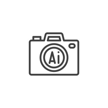 Resim Tanıma Satırı simgesi. Mobil konsept ve web tasarımı için doğrusal biçim işareti. Yapay zeka çipi ana hatlı bir kamera. Sembol, logo çizimi. Vektör grafikleri