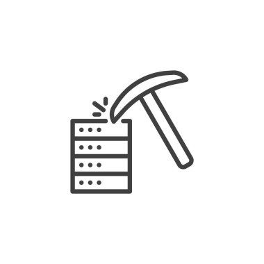Veri madenciliği çizgisi simgesi. Mobil konsept ve web tasarımı için doğrusal biçim işareti. Bir kazma ana hatlı vektör simgesine sahip bir veritabanı. Sembol, logo çizimi. Vektör grafikleri