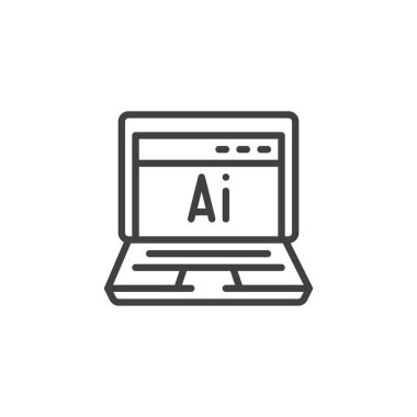 Yapay zeka reklam çizgisi simgesi. Mobil konsept ve web tasarımı için doğrusal biçim işareti. Yapay zeka sembollü dizüstü bilgisayar ana hatlı vektör simgesi. Sembol, logo çizimi. Vektör grafikleri