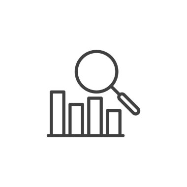 Rekabetçi Analiz Hattı simgesi. Mobil konsept ve web tasarımı için doğrusal biçim işareti. Büyüteç ve bar çizelgesi vektör simgesi. Sembol, logo çizimi. Vektör grafikleri