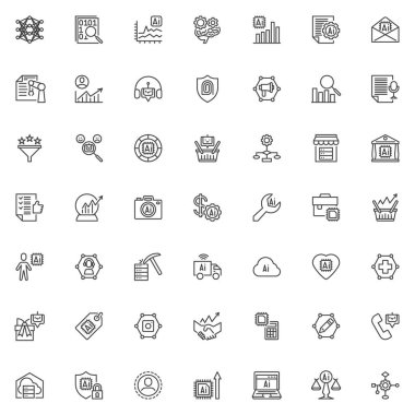 İş dünyasında makine öğrenme simgeleri ayarlandı. Doğrusal biçim sembolleri koleksiyonu, ana tabela işaretleri paketi. Yapay Zeka vektör grafikleri. Set, Sinirsel Ağ, AI Pazarlama ve Ticaret olarak simgeleri içerir