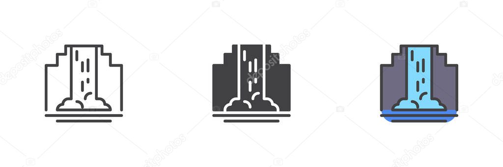 Waterfall between rocks different style icon set. Line, glyph and filled outline colorful version, outline and filled vector sign. Symbol, logo illustration. Vector graphics