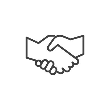 Selamlaşma çizgisi ikonu. Mobil konsept ve web tasarımı için doğrusal biçim işareti. İki kişi vektör ikonunun ana hatlarını belirlemek için el sıkışıyor. El sıkışma anlaşması sembolü, logo çizimi. Vektör grafikleri
