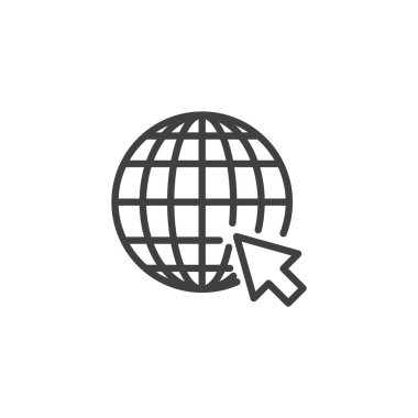 Web tarayıcı satırı simgesi. Mobil konsept ve web tasarımı için doğrusal biçim işareti. İmleç ana hatları vektör simgesine sahip bir küre. Web sitesi ve çevrimiçi varlık sembolü, logo illüstrasyonu. Vektör grafikleri