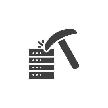 Kazma vektör ikonu olan bir veritabanı. Mobil konsept ve web tasarımı için düz tabela. Veri madenciliği sembolü. Sembol, logo çizimi. Vektör grafikleri