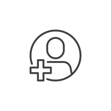 Follower satır simgesi ekle. Mobil konsept ve web tasarımı için doğrusal biçim işareti. Artı işareti olan bir vektör simgesi. Kullanıcı sembolü, logo illüstrasyonu takip ediliyor. Vektör grafikleri