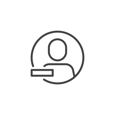 Kullanıcı satırı simgesini takip etme. Mobil konsept ve web tasarımı için doğrusal biçim işareti. Eksi tabela çizgili vektör simgesi olan bir kişi. Aşağıdaki sembol, logo illüstrasyonu. Vektör grafikleri