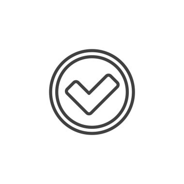 Doğrulanmış işaret çizgisi simgesi. Mobil konsept ve web tasarımı için doğrusal biçim işareti. Çember ana hatlı vektör simgesi içinde bir kontrol işareti. Doğrulama sembolü, logo illüstrasyonu. Vektör grafikleri