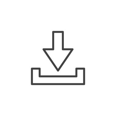 Satır simgesi indir. Mobil konsept ve web tasarımı için doğrusal biçim işareti. Aşağı doğru çizili bir vektör simgesini gösteren bir ok. İçerik sembolü, logo illüstrasyonu kaydediliyor. Vektör grafikleri