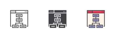 Sitemap farklı biçim simgesi seti. Çizgi, kabartma ve doldurulmuş renkli versiyon, ana hatlar ve doldurulmuş vektör işareti. Sitemap yapı sembolü, logo çizimi. Vektör grafikleri