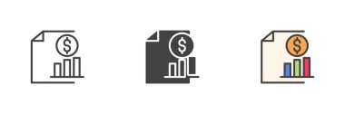 Üzerinde bar çizelgesi ve bozuk para stili simgesi olan bir belge. Çizgi, kabartma ve doldurulmuş renkli versiyon, ana hatlar ve doldurulmuş vektör işareti. Mali Rapor, Beyan sembolü, logo illüstrasyonu