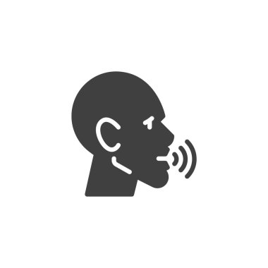 Ses dalgaları vektör simgesine sahip bir yüz. Mobil konsept ve web tasarımı için düz tabela. Konuşan baş sembol. Sözlü iletişim sembolü, logo çizimi. Vektör grafikleri