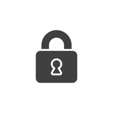 Kilit, asma kilit vektör simgesi. Mobil konsept ve web tasarımı için düz tabela. Mahremiyet sembolü. Güvenlik, veri koruma sembolü, logo çizimi. Vektör grafikleri