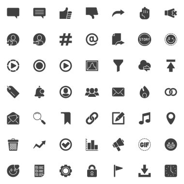 Sosyal medya UI vektör simgeleri seti, modern katı sembol koleksiyonu, doldurulmuş biçim piktogram paketi. Logo illüstrasyonu işaretleri. Sohbet iletisi yorumu olarak simgeleri ayarla, Takip et, Etiket, Bildirim, E- posta