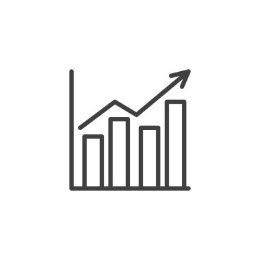 Ok çizgisi simgesi olan çubuk çizelgesi. Mobil konsept ve web tasarımı için doğrusal biçim işareti. Yükselen bir grafik çizgisi vektör simgesi. Büyüme, analitik sembol, logo çizimi. Vektör grafikleri