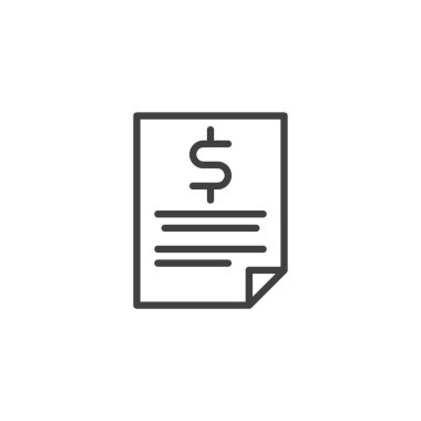 Fatura satırı simgesi. Mobil konsept ve web tasarımı için doğrusal biçim işareti. Üzerinde dolar işareti olan bir belge vektör simgesi. Fatura, ödeme sembolü, logo illüstrasyonu. Vektör grafikleri
