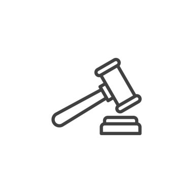 Açık arttırma tokmak hattı ikonu. Mobil konsept ve web tasarımı için doğrusal biçim işareti. Bir tokmak taban çizgisi vektör simgesine çarpıyor. Açık arttırma, yasal satış sembolü, logo illüstrasyonu. Vektör grafikleri