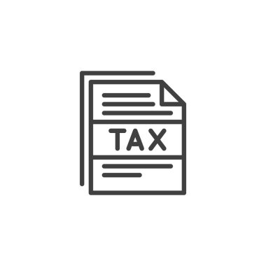 Vergi formu simgesi. Mobil konsept ve web tasarımı için doğrusal biçim işareti. Vergi 'nin ana hatları vektör simgesi olarak yazdığı bir kağıt. Hükümet ücret sembolü, logo illüstrasyonu. Vektör grafikleri