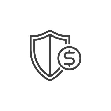 İş Sigortası ikonu. Mobil konsept ve web tasarımı için doğrusal biçim işareti. Dolar sembollü bir kalkan vektör simgesi. Mali koruma sembolü, logo çizimi. Vektör grafikleri