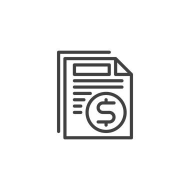 Maaş çizgisi simgesi. Mobil konsept ve web tasarımı için doğrusal biçim işareti. Para sembolü vektör simgesine sahip belge. Maaş, gelir sembolü, logo çizimi. Vektör grafikleri