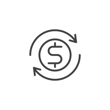 İade satırı simgesi. Mobil konsept ve web tasarımı için doğrusal biçim işareti. Bir dolar işareti vektör simgesiyle dönen bir ok. Para iade sembolü, logo illüstrasyonu. Vektör grafikleri