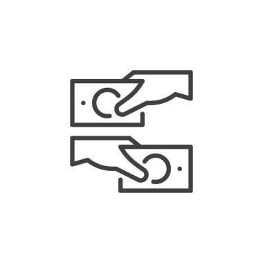 Finansal Anlaşma çizgisi ikonu. Mobil konsept ve web tasarımı için doğrusal biçim işareti. İki el para değiş tokuşu vektör ikonu. Ticari işlemler sembolü, logo çizimi. Vektör grafikleri