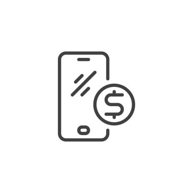 Uygulama satırı simgesini öde. Mobil konsept ve web tasarımı için doğrusal biçim işareti. Bir dolar değerindeki akıllı telefon vektör ikonu. Mobil ödemeler sembolü, logo çizimi. Vektör grafikleri